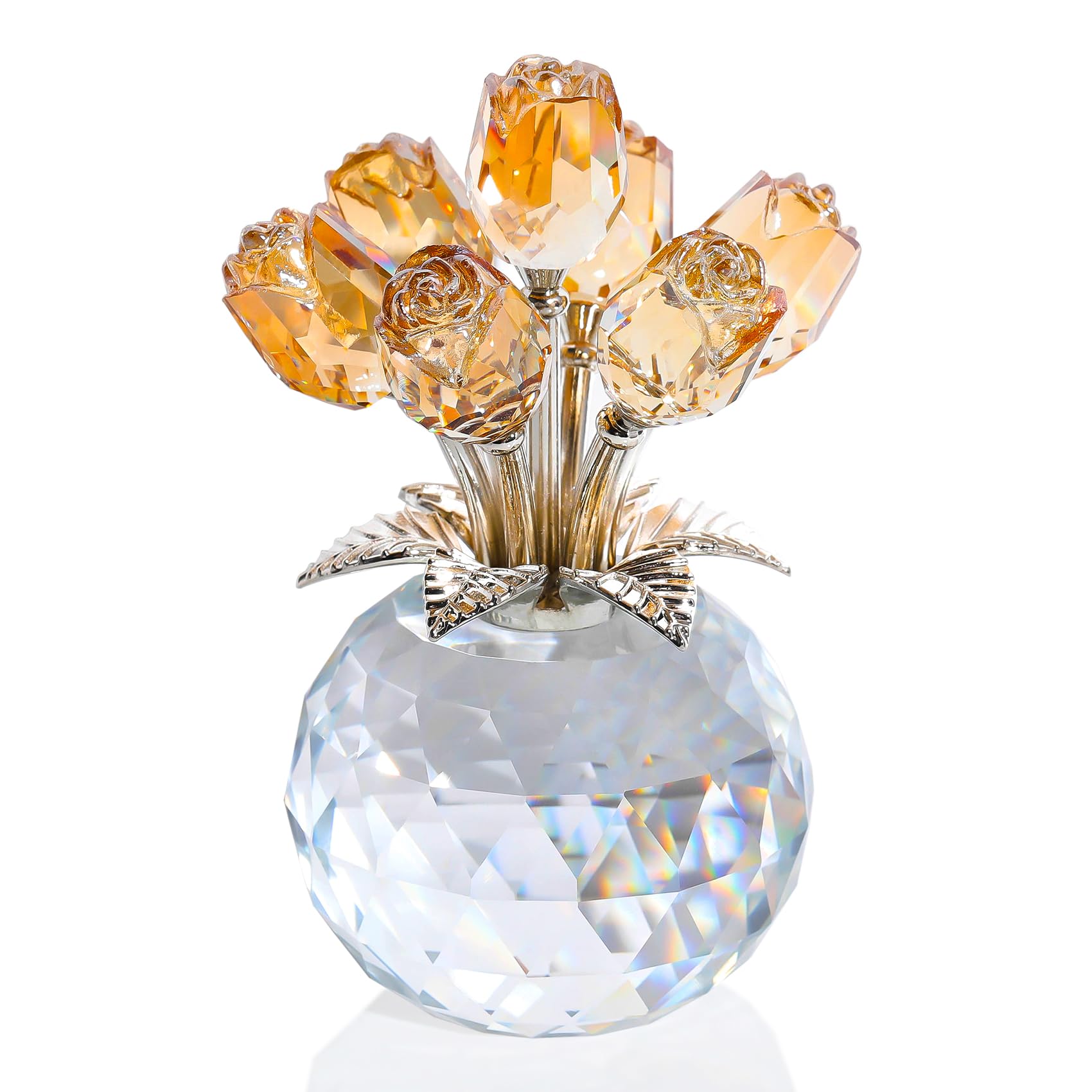 Ornalrist Crystal Gold Roses Flower Figurine with Vase, Glass Roses Bouquet Floral Collectible Gifts for Women Mum on Valentine's Day Golden Wedding Anniversary