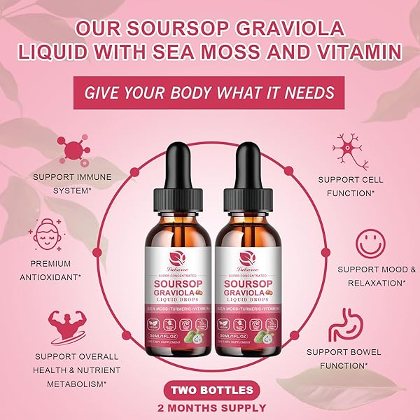 (2 PACK) SOURSOP GRAVIOLA LEAF EXTRACT LIQUID DROP PLUS PURE BOTANICAL SEA MOSS FOR CELL SUPPORT & REGENERATION, IMMUNITY AND GUT HEALTH, SOURSOP BITTERS LIQUID丨FULL TEXTURE,STRAWBERRY FLAVOR,1 FL OZ