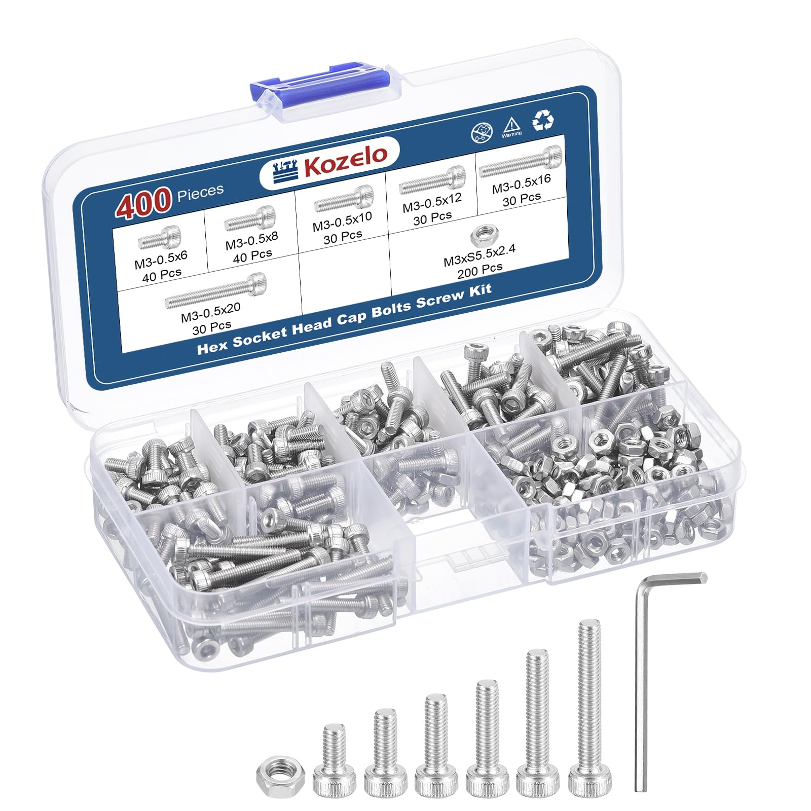 Kozelo 400pcs M3 Socket Head Cap Screws Bolts Nuts Assortment Kit - [M3x6/8/10/12/16/20mm] 304 Stainless Steel Allen Socket Drive for 3D Printer, with Wrench