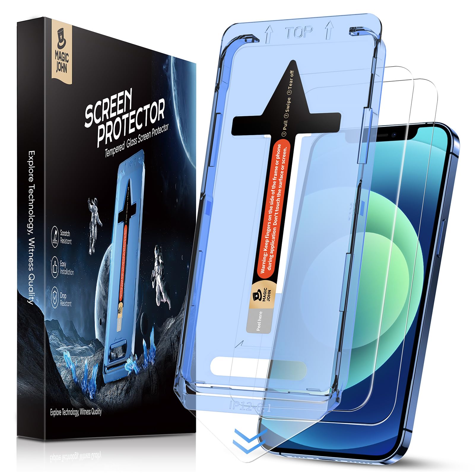 MAGIC JOHN 2 Pack for iPhone 12/iPhone 12 Pro 6.1 inch Tempered Glass Screen Protector, Auto Dust-Elimination Installation, Bubble Free, HD Clear, Easy Installation