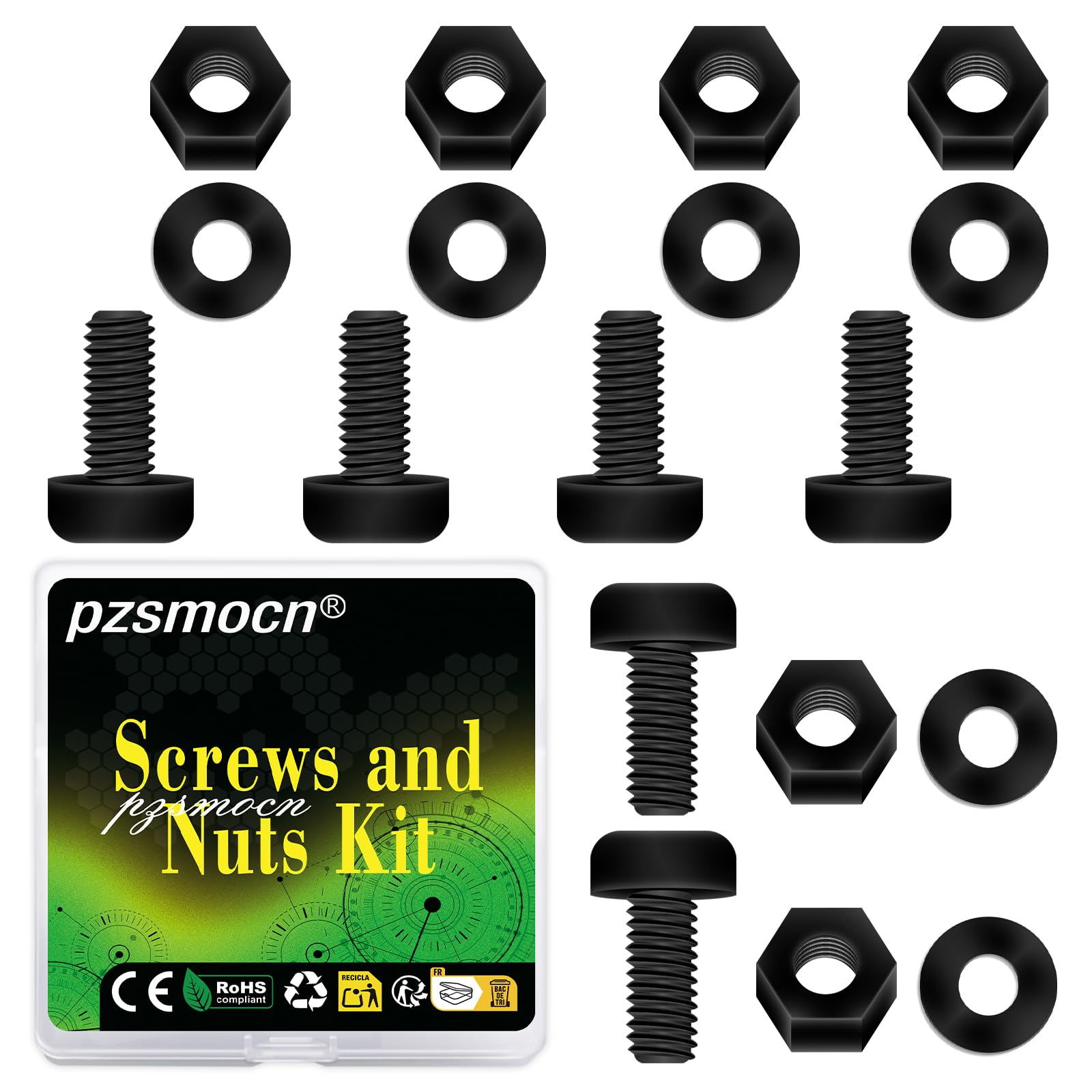 Pzsmocn 300 Pieces/100 Sets M2.5 * 8 mm Plastic Black Nylon Cross Round Head Screw Hexagonal Nut Combination Kit, with Insulating Washers, Standard Size, For DIY and Electronic Assembly.