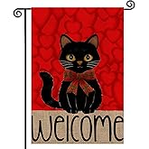 Valentines Day Welcome Garden Flag Black Cat Love Hearts Flag 12x18 Inch Outside Double Sided, Anniversary Love Heart Rustic Yard Outdoor Decoration