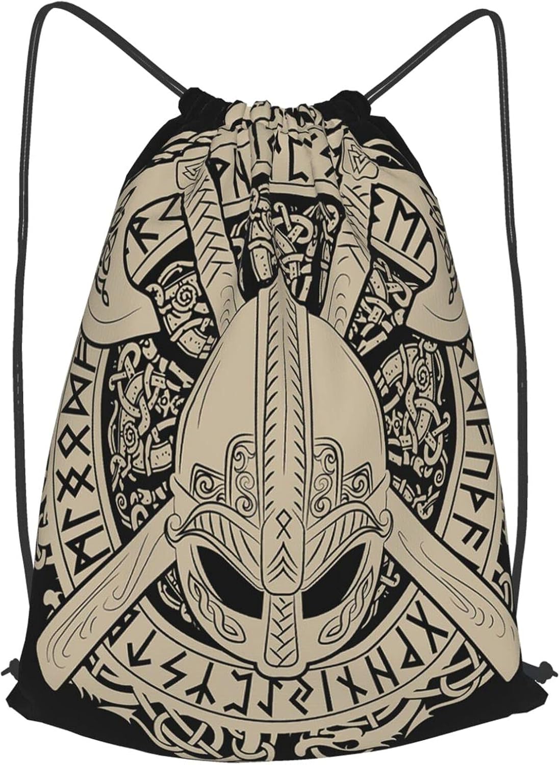 Mochilas de Cuerdas Unisex,Casco vikingo, hachas vikingas cruzadas y en