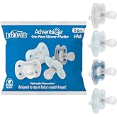 Dr. Brown's Advantage One-Piece Silicone Baby Pacifier, 0-6m, 4-Pack | Blue/Gray/Light-Blue, Pack of 4 Fully Symmetrical Silicone Baby Soothers, BPA-Free, Stage 1