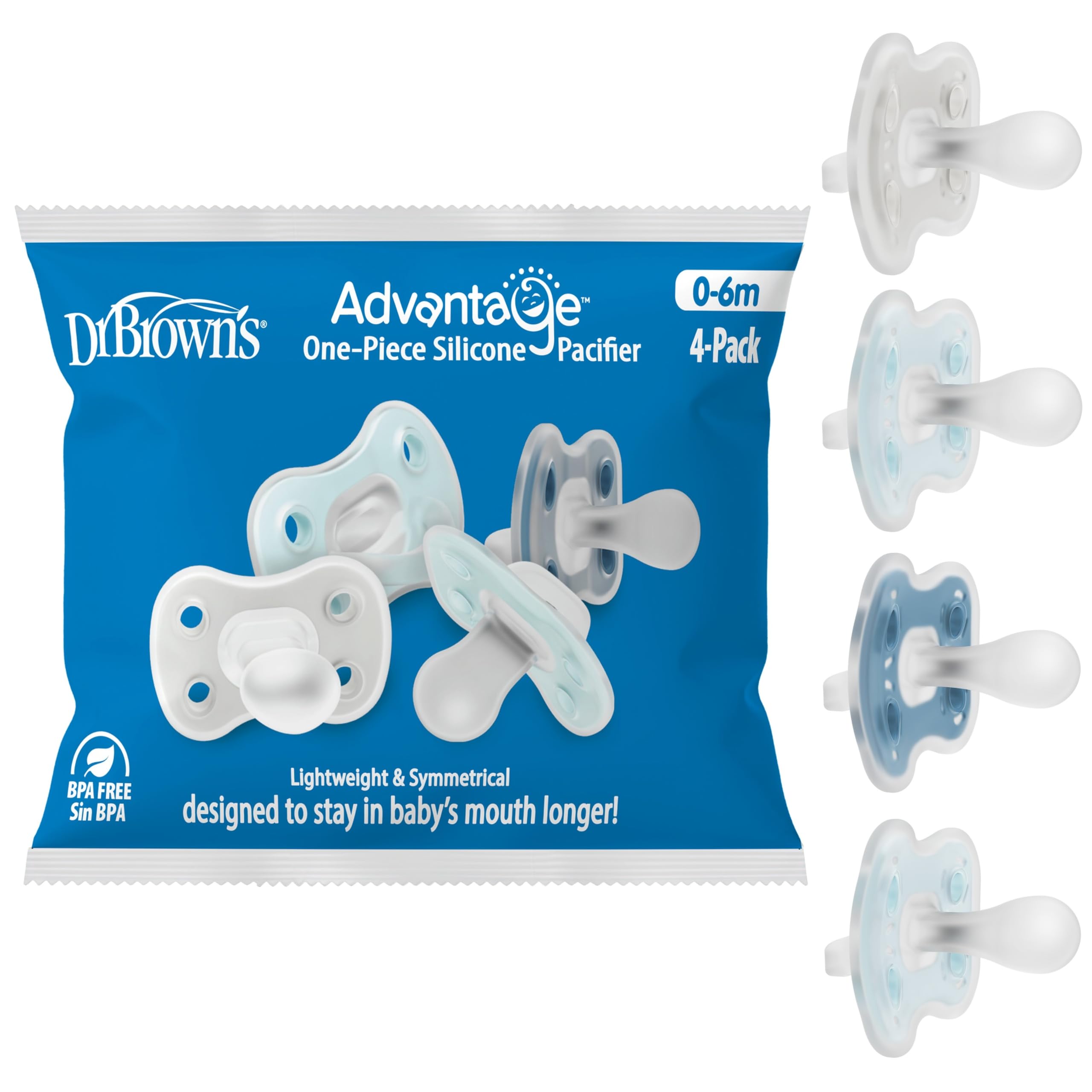 Dr. Brown's Advantage One-Piece Silicone Baby Pacifier, 0-6m, 4-Pack | Blue/Gray/Light-Blue, Pack of 4 Fully Symmetrical Sili