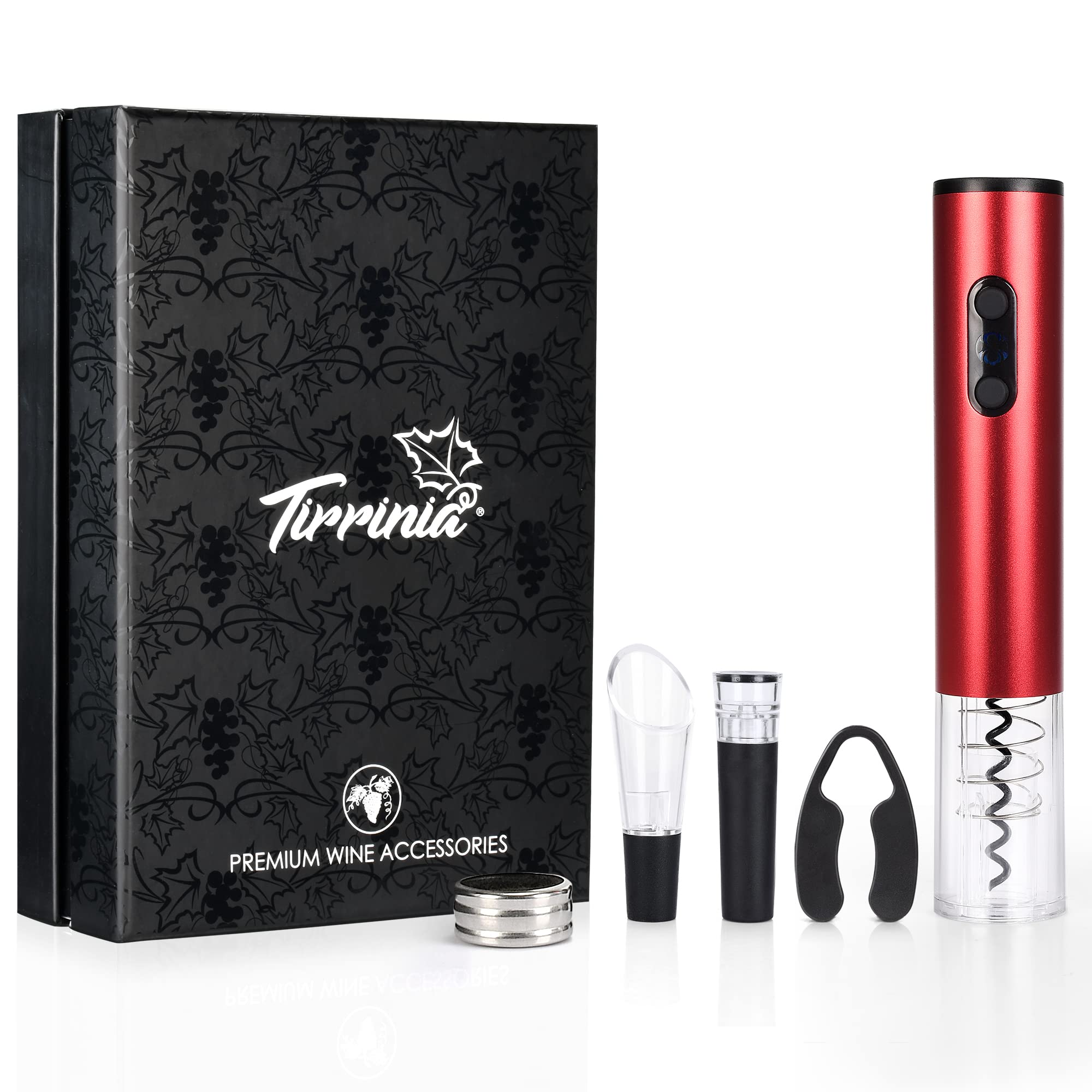 Kato Tirrinia Electric Wine Opener Gift Set - Bottle Cork Remover Accessory Tool Kit with Aerator, Foil Cutter, Drip Ring and Vacuum Stopper for Wine Lovers, Red