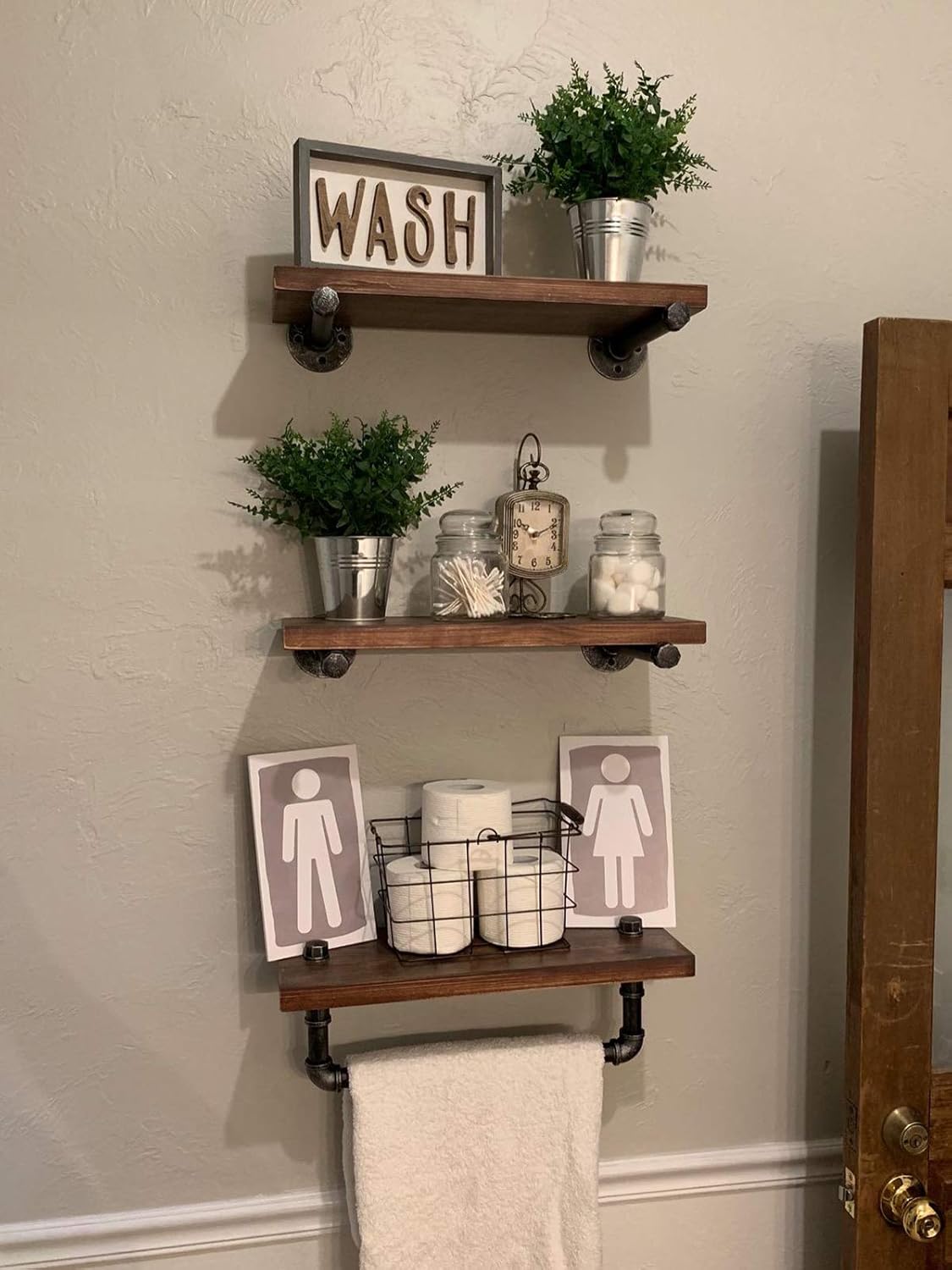 bathroom shelving and storage on Amazon Com Industrial Bathroom Shelves Pipe Wall Shelf With Rustic Wood Shelving For Towel Shelf Storage Wall Mounted Floating Shelves Home Kitchen 3 Tiers Home Kitchen