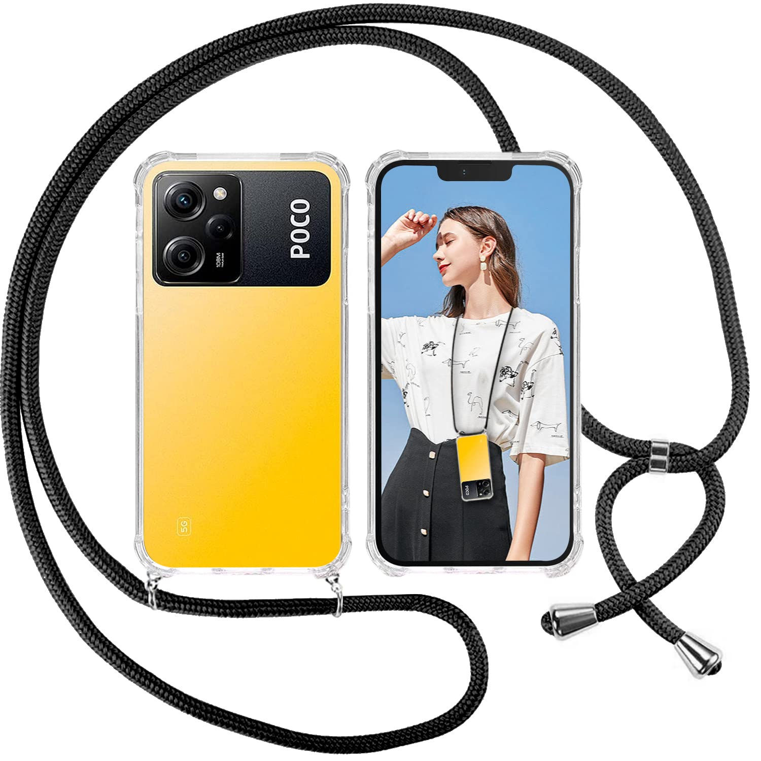 ISOI Mobile Phone Chain Case with Lanyard, Silicone Rope Necklace Mobile Phone Case with Cord Pocket TPU Bumper Protective Case Compatible with Xiaomi Poco X5 Pro 5G/Redmi Note 12 Pro 5G