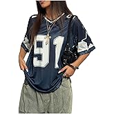 GORGLITTER Women's V Neck Graphic Jersey Top Mesh Oversized Star & Number Print Half Sleeve T Shirt