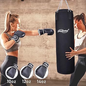 Physionics Boxsack Set inkl. Boxsack gefüllt 19 kg, 30/80 cm, Boxhandschuhe Großenwahl (10, 12, 14, 16 oz), mit Stahlketten u