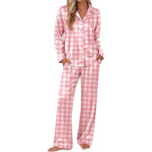 Ekouaer Women's Satin Pajamas Long Sleeve Button Up Pjs 2 Piece Lounge Set | Soft Comfy Fabric, Adjustable Drawstring Waistba