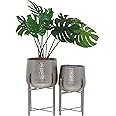 CosmoLiving by Cosmopolitan Metal Indoor Outdoor Planter Hammered Large Planter Pot with X-Shaped Stands, Set of 2 Planters 19", 16"H, Silver