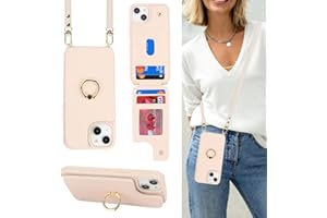 Lipvina for iPhone 14 Case with Card Holder for Women,iPhone 14 Phone Case with Strap,Crossbody Lanyard,Ring Stand,Snap Clasp,Cute Wallet Cases 6.1 inch (Beige)