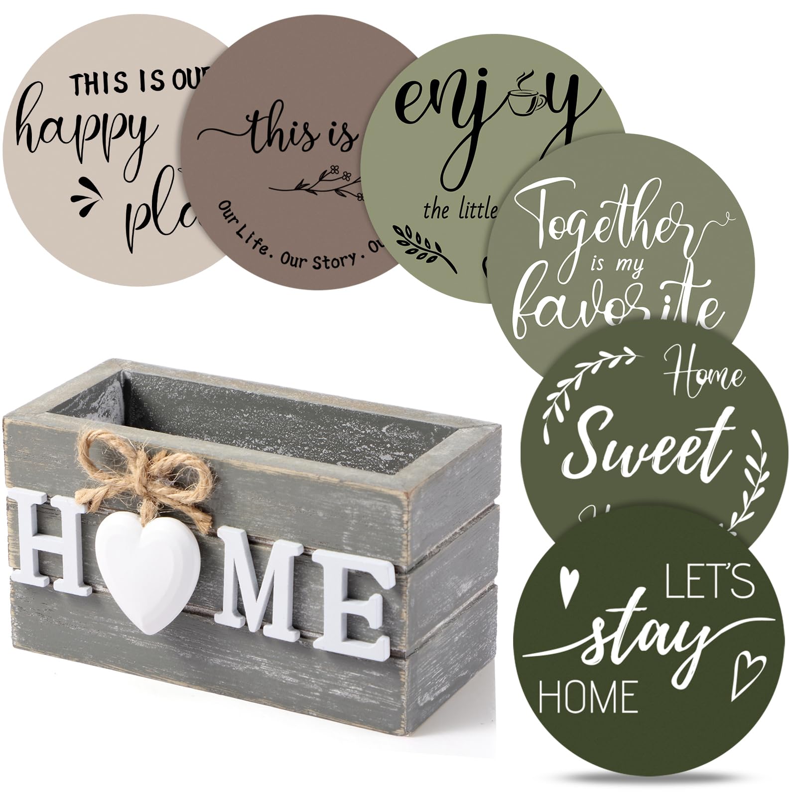 Photo 1 of Queekay Housewarming Gifts for Home Decoration Wooden Heart Coasters for Drinks 6 Set Farmhouse Coasters with Holder Funny for Family Coffee Table Protection, 4''(Green)