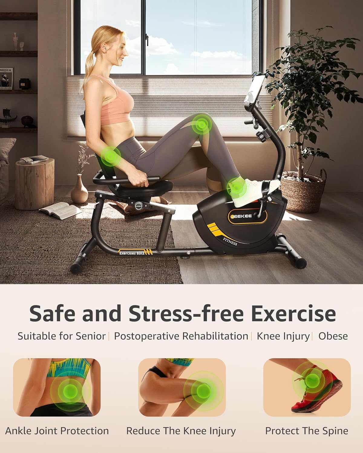 JEEKEE Recumbent Exercise Bike for Seniors,Stationary Bikes for Home, 300LB Capacity & 16 Levels Magnetic Resistance, Heart Rate Handle