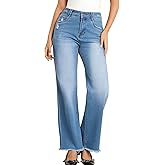 JK SUE JONES Wide Leg Jeans for Women Mid High Waist Straight Leg Boyfriend Mom Denim Pants Frayed Raw Hem