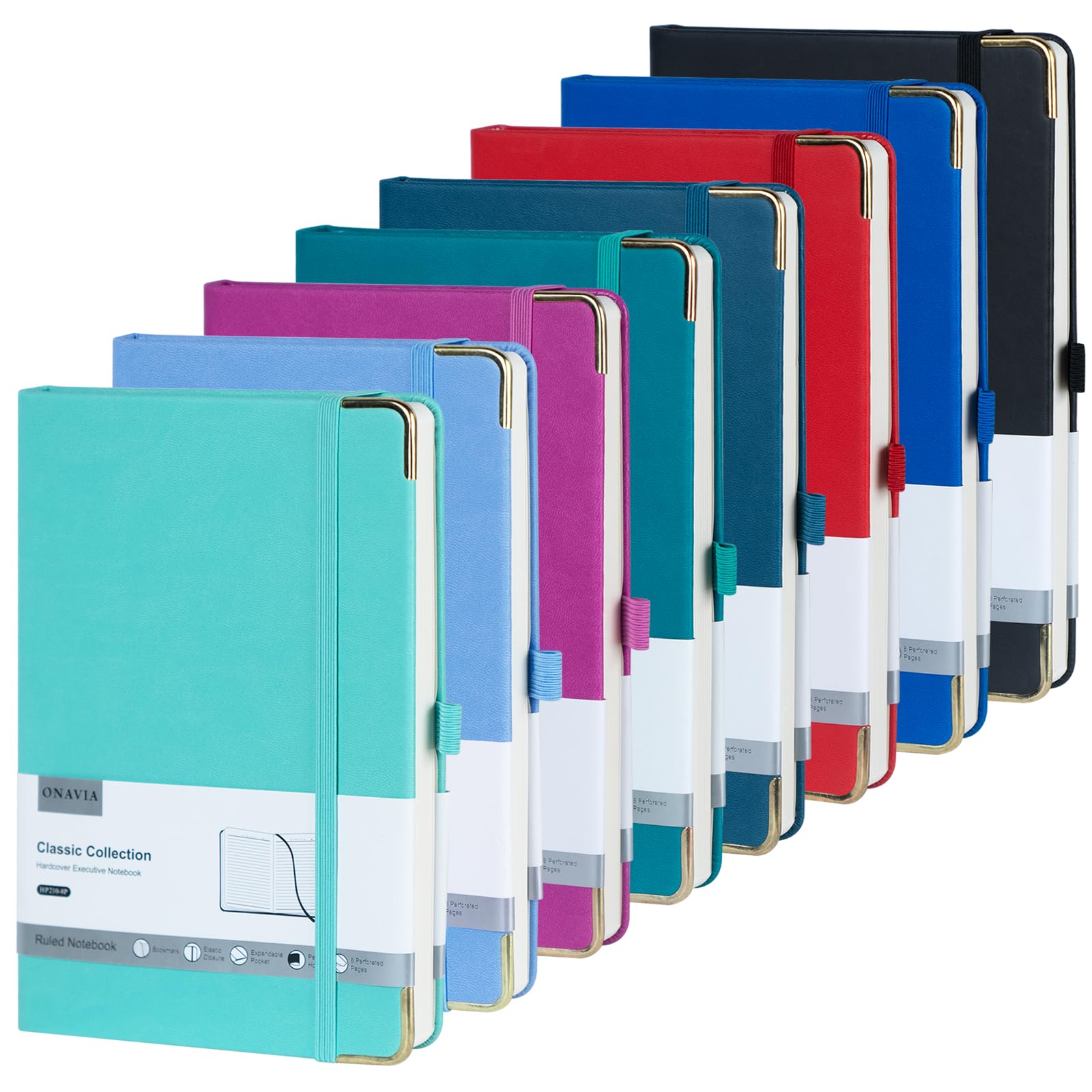 ONAVIA A5 Notebooks Lined Notepad with 100 GSM Thick Paper, 8 Pack Hardback PU Leather Note Books for Office School Home Business Work, Classic Ruled Journal Notes Diary Pad with Pen Loop, 14 x 21cm — image 1