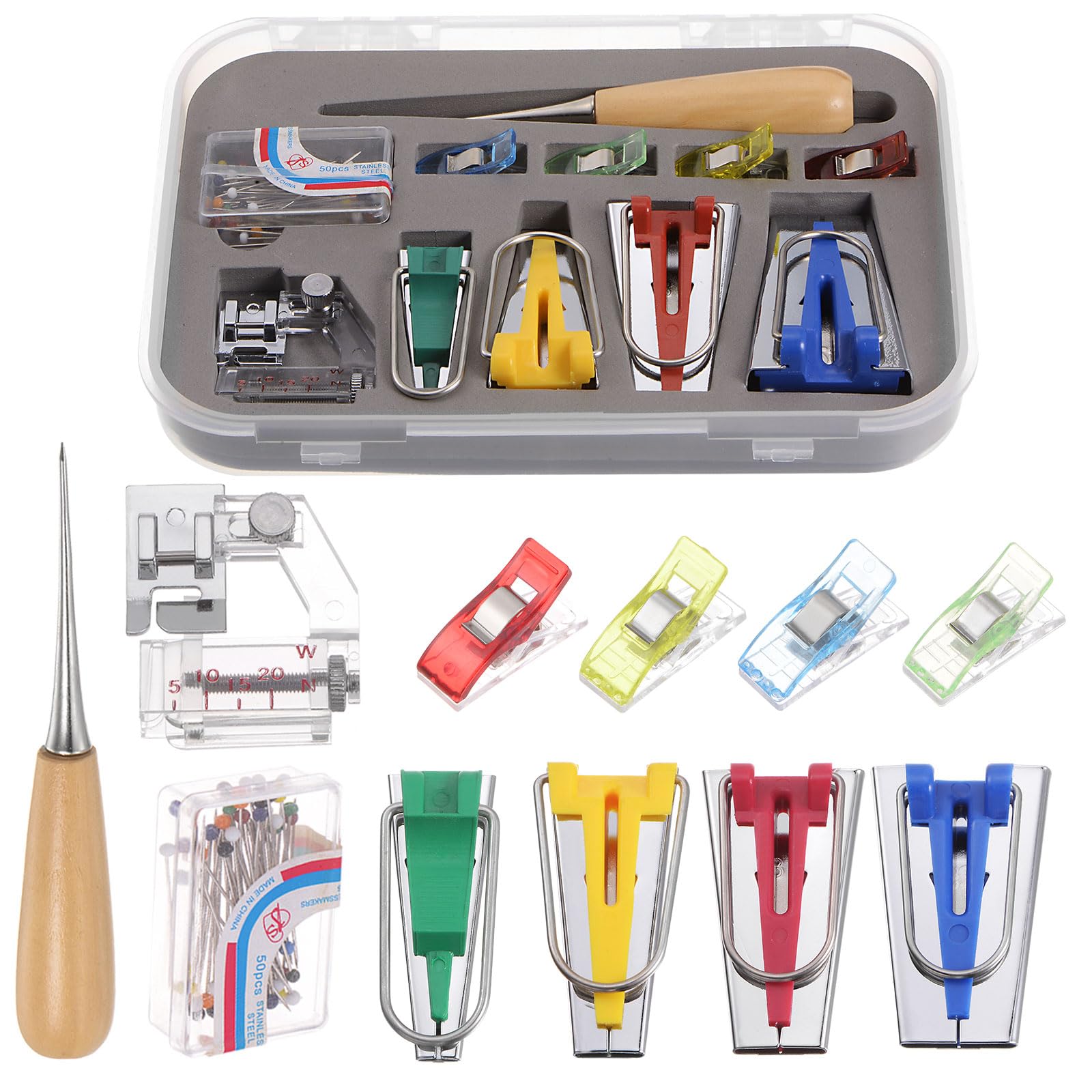 uxcell Bias Tape Maker Kit 6mm 12mm 18mm 25mm Single Double Fold Fabric Bias Binding Maker Sew Tool with Positioning Pin, Quilt Awl, Presser Foot, Clips for Quilting Sewing Crafting DIY
