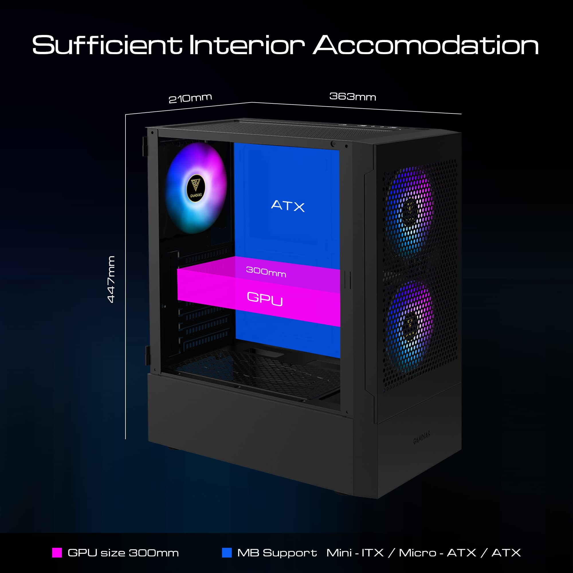GAMDIAS Gaming ATX Mid Tower PC Computer Case with Tempered Glass, 3 Built-in 120mm ARGB Desktop Case Fans, Support Up to 360mm AIO/Radiator, 5x 120mm Fans, 300mm GPU/VGA, 150mm PSU & 160mm CPU Cooler