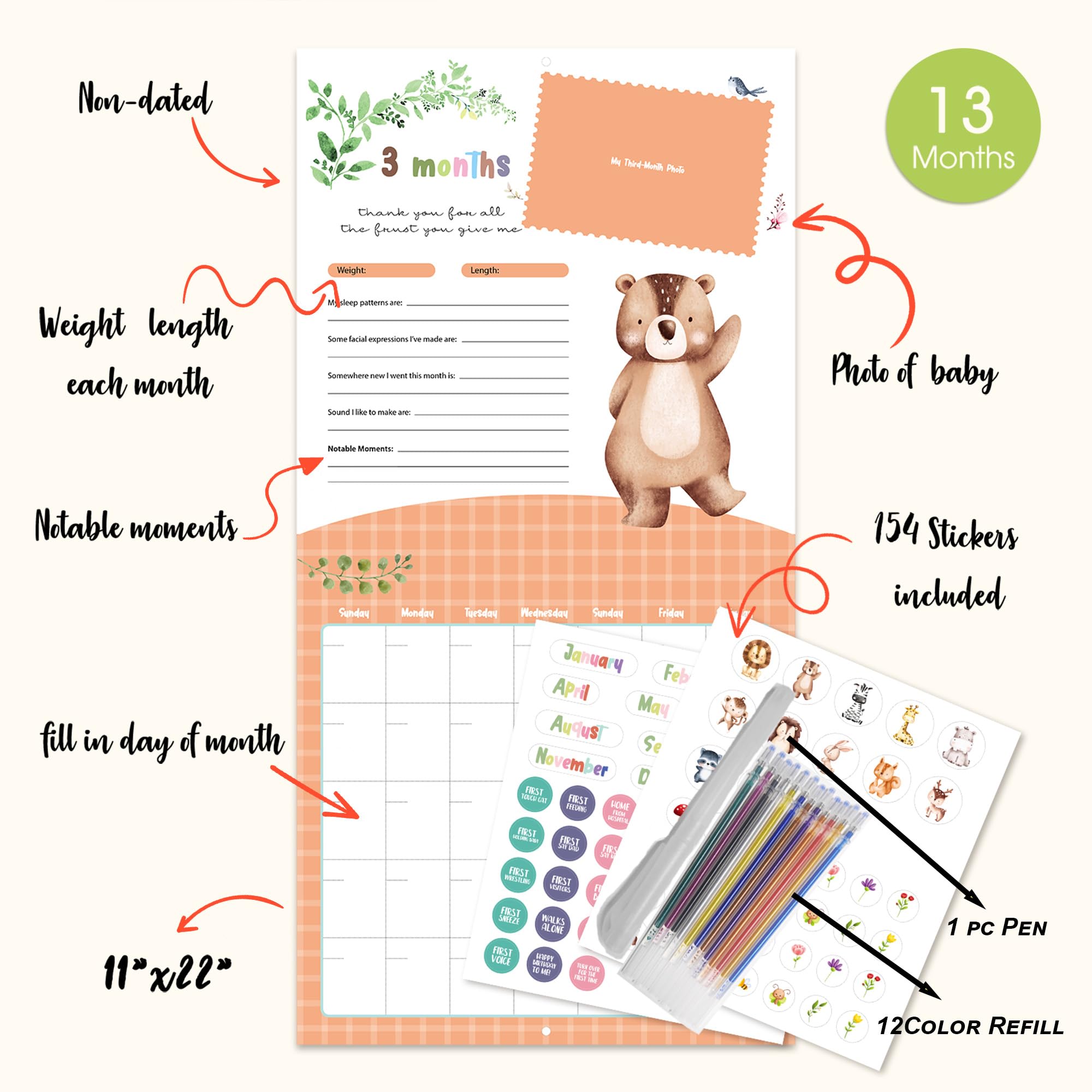 Baby's First Year Calendar with Stickers by Bright Day - 1st Year Tracker - Baby Memory Book for Girls to Document and Cherish Baby First Year Milestones,- Milestone Keepsake for Baby Boy with Pocket