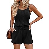 Ekouaer Rompers for Women Summer Casual 2026 Sleeveless Scoop Neck Ribbed Adjustable Shorts Jumpsuit with Pockets