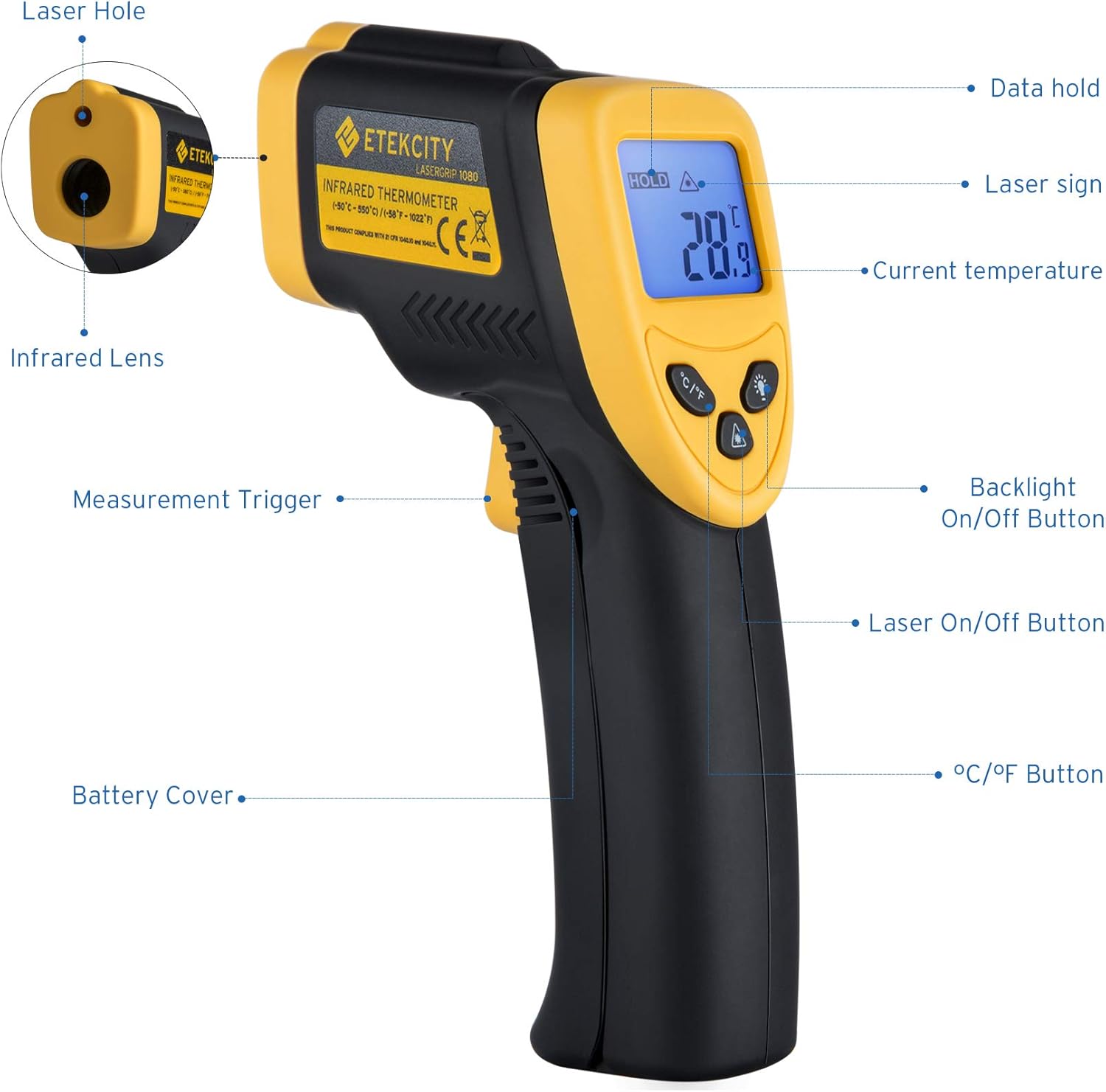 Etekcity Lasergrip 1080 Non-Contact Digital Laser Infrared Thermometer Temperature Gun -58℉~1022℉ (-50℃～550℃), Yellow and Black: Thermometer Cooking Laser Infrared: Kitchen & Dining