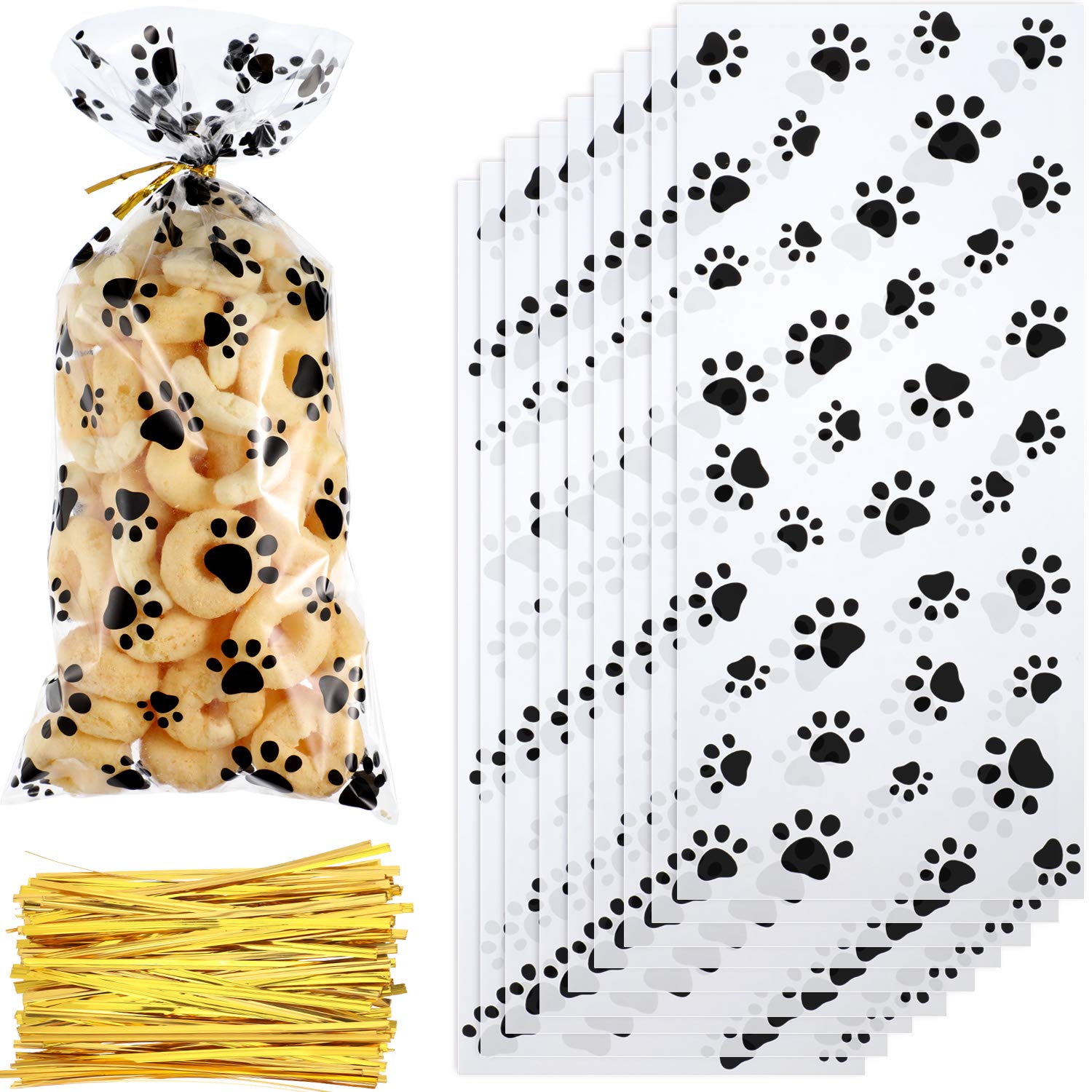 Photo 1 of Boao 150 Pcs Dog Pet Paw Print Cellophane Bags Treat Gift Candy Cookie Bags with 150 Pieces Twist Ties for Dog Party Favor Decorations(Black)