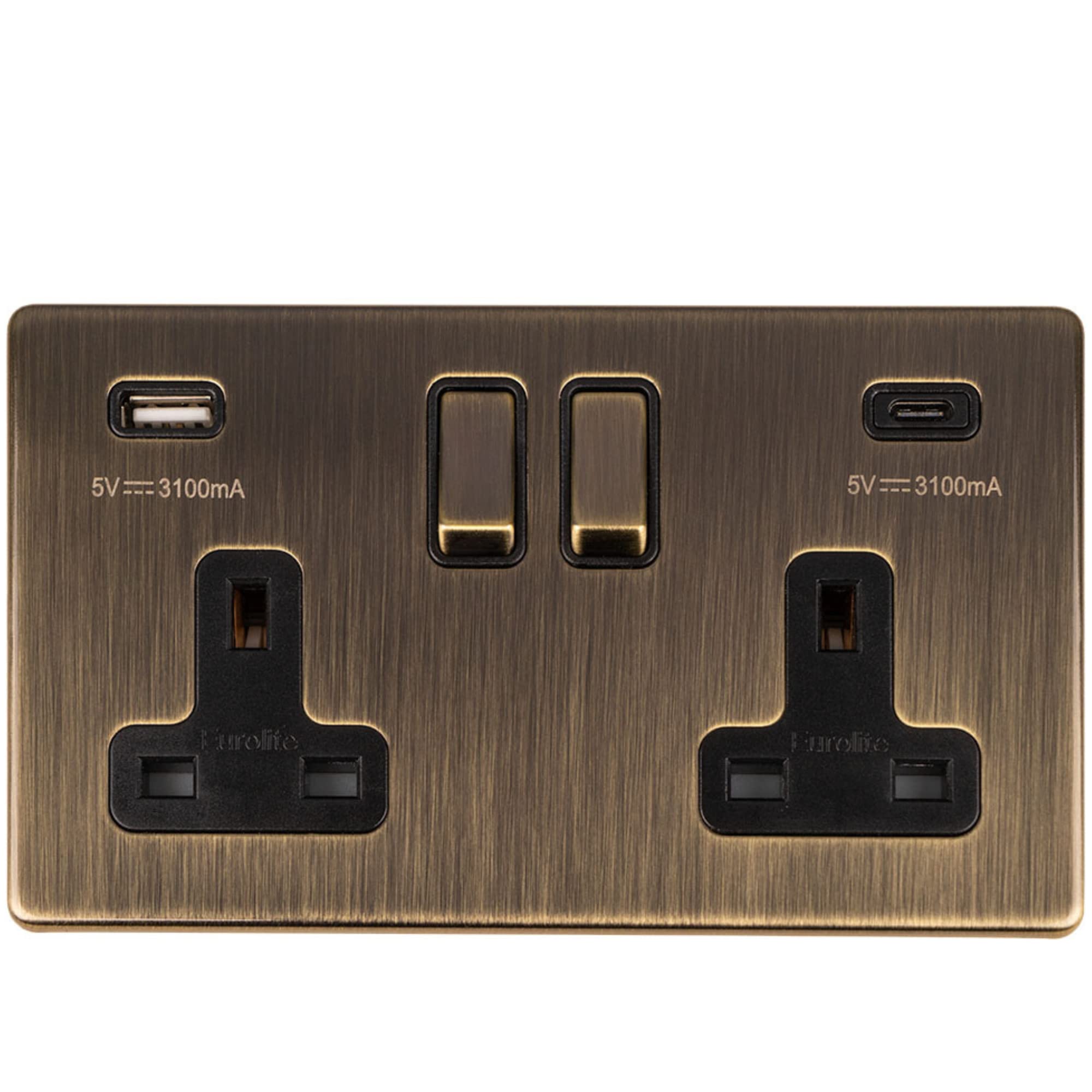 2 Gang 13A Double Switched Sockets with 2x USB Fast Charging Ports 3.1A Outlets: 1x Type A & 1x Type C (Antique/Flat Concealed) — image 1