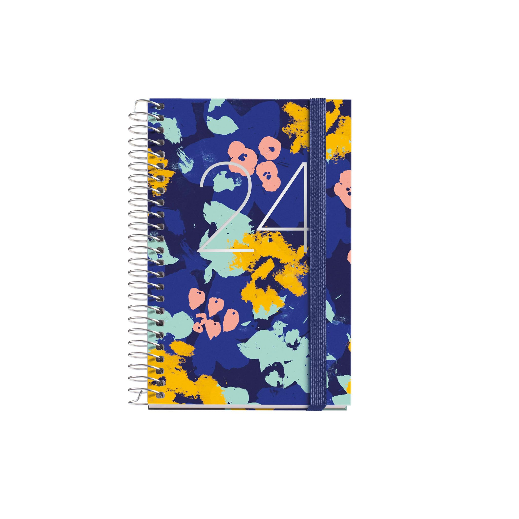 Miquelrius - Annual Diary 2024, Day Page, Caddy Size 80 x 120 mm, Hard Cover, Spiral Binding, Elastic Closure, Catalan, English and Portuguese, Flowers with Stamping Silver