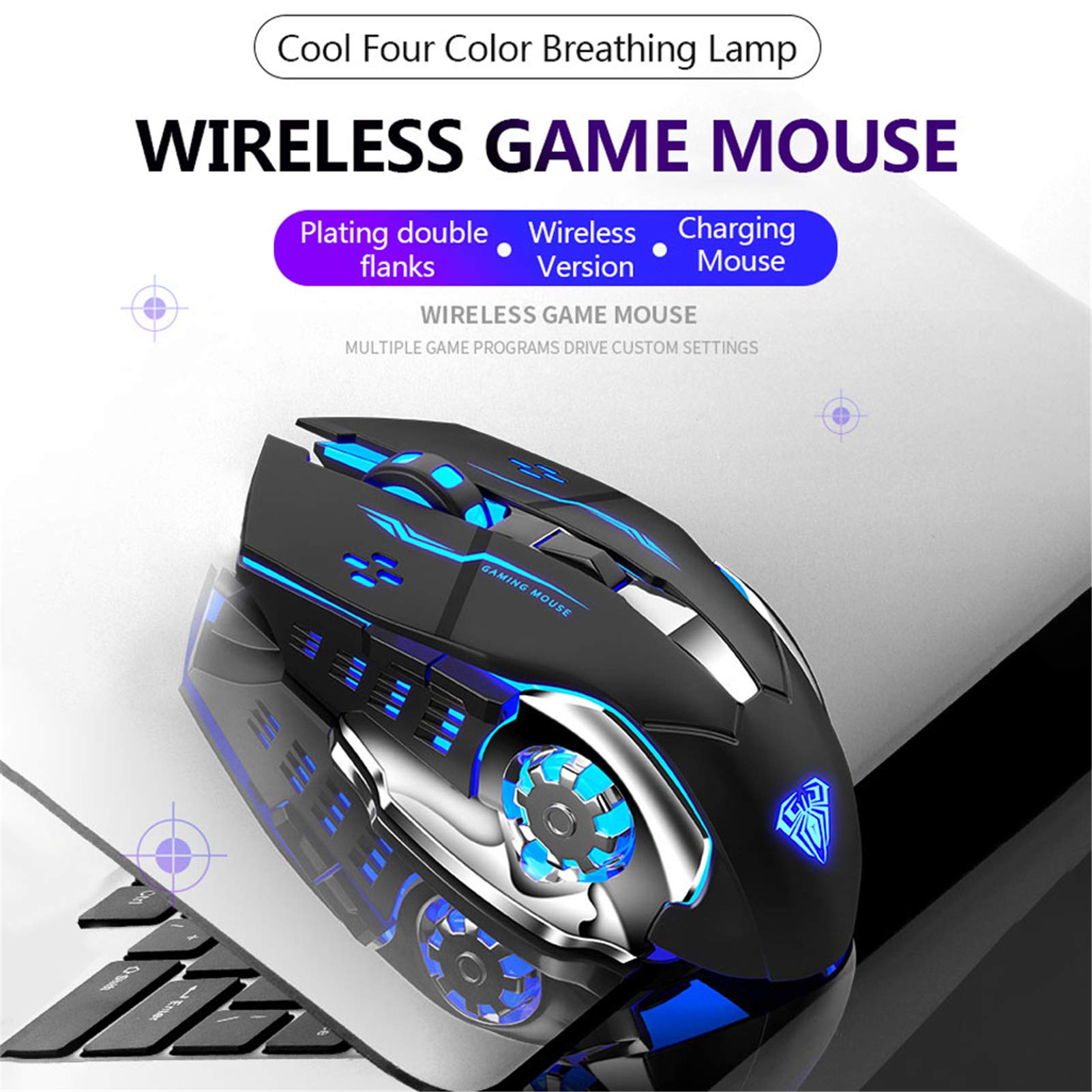 AULA SC100 Silent Wireless Gaming Mouse Rechargeable, with Side Buttons, LED Backlit, DPI Adjustable, 2.4G Wireless Optical Computer Mice Punk Cool Mouse for Games/Work (Black)