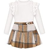 AMAWMW Girls Outfit Skirt Set Ribbed Knit Ruffle Sleeve Top Plaid Pleated Skirt Set Fall Winter Clothes