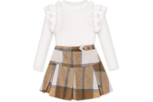 AMAWMW Girls Outfit Skirt Set Ribbed Knit Ruffle Sleeve Top Plaid Pleated Skirt Set Fall Winter Clothes