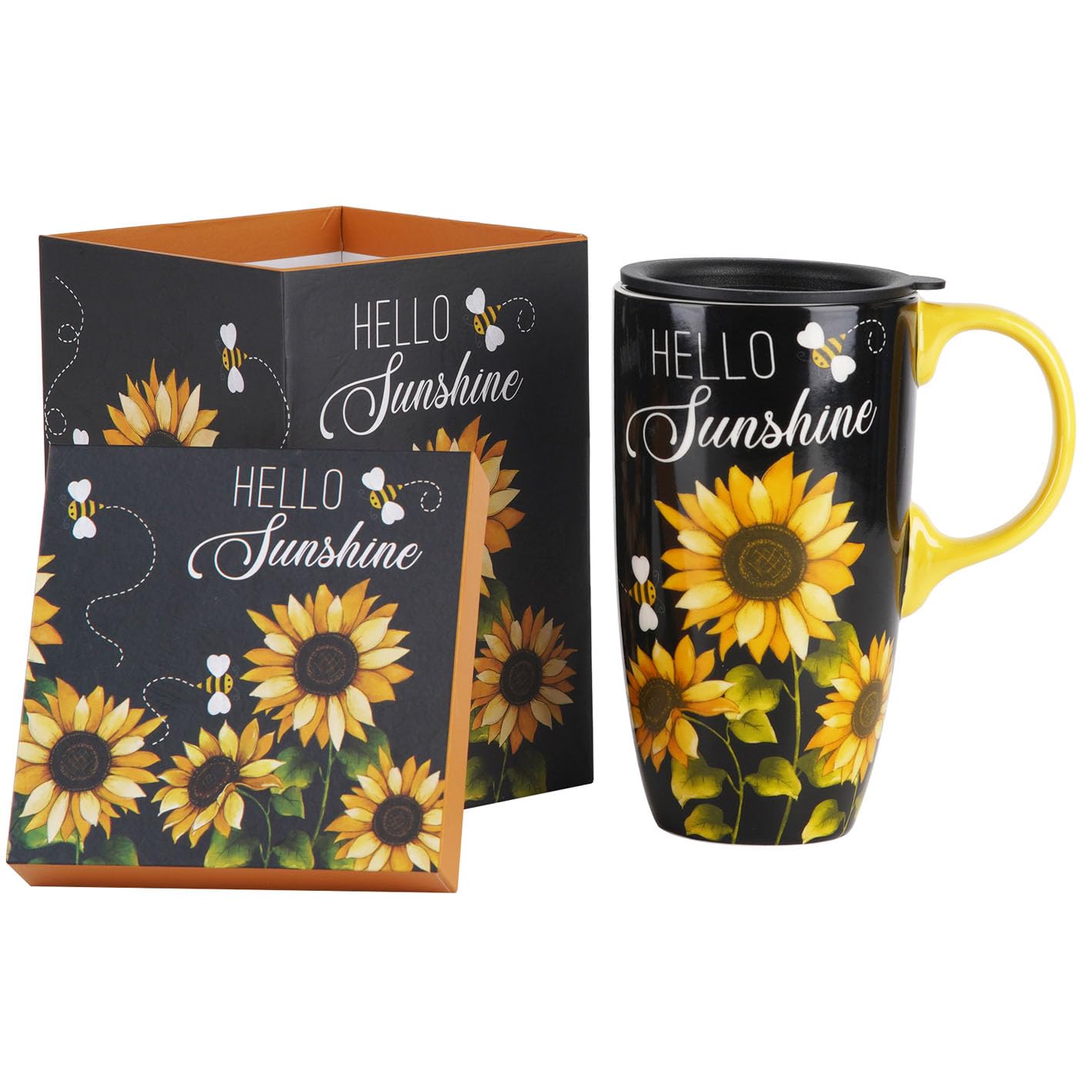 DUSVALLY Ceramic Mug Large Coffee Cup Tall Mugs Porcelain Latte Tea Cup with Lid 17oz,Sunflower