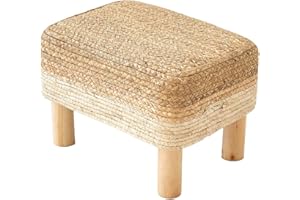 ALeesing Ottoman Foot Stool Rectangular Footrest Natural Seagrass Footstool with Wooden Legs Hand Weave Multifunctional Modern Dressing Stool, Sofa Side Table for Bedroom for Living Room (White)