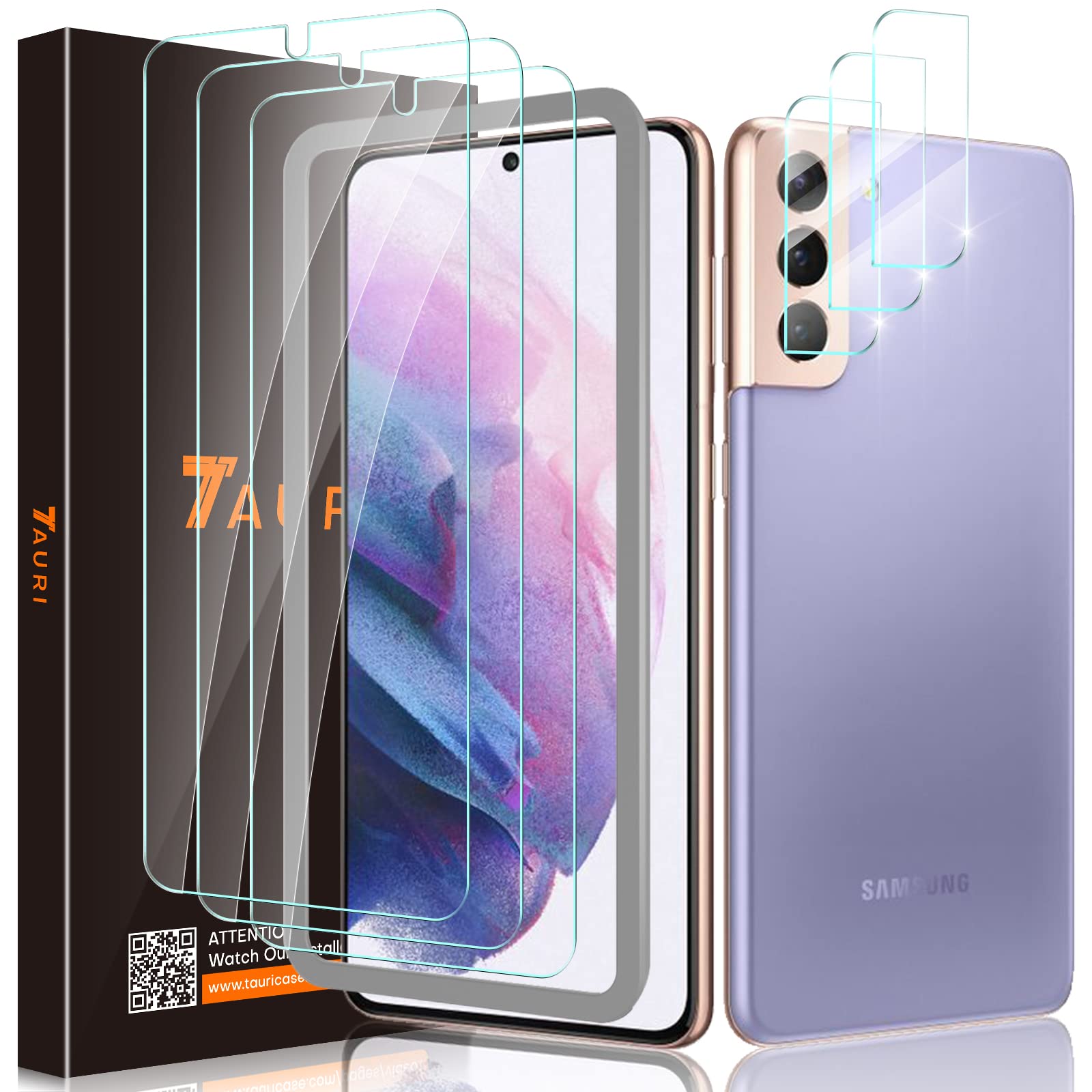 TAURI Pack of 6 tempered glass compatible with Samsung Galaxy S21 5G, contains 3 pieces screen protectors + 3 pieces rear camera protector, bubble-free, HD ultra transparent glass, not for S21+