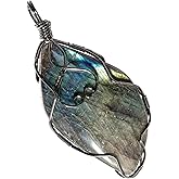 SUNYIK Natural Labradorite Pendant Necklace for Men Women, Irregular Handmade Wire Wrapped Crystal Necklace for Unisex