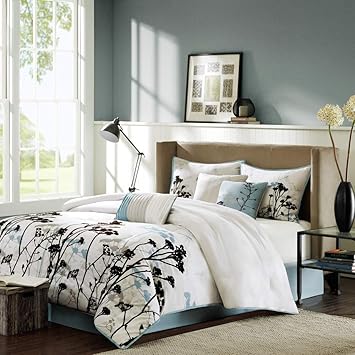 7pc azul floral colcha cal King juego de California, poliéster