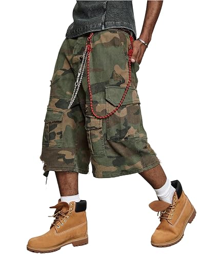 Men's Camo Cargo Denim Shorts Baggy Jorts Ripped Wide Leg Capri