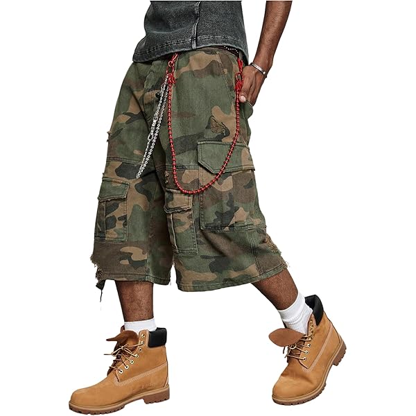 Men's Camo Cargo Denim Shorts Baggy Jorts Ripped Wide Leg Capri