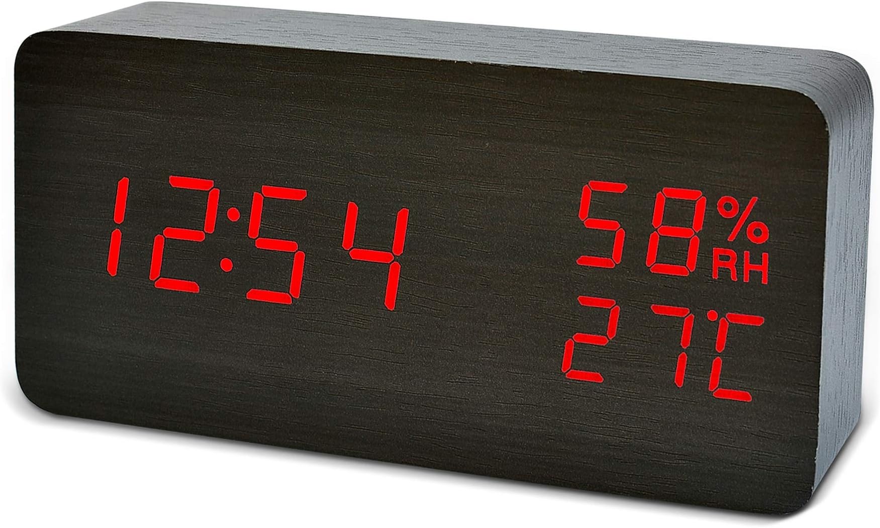 FiBiSonic Digital Alarm Clock with LED Display, Wood Clock with Voice Control Adjustable Brightness, 3 Alarm Settings, Bedside Alarm Clocks for Home, Kitchen, Office Desk Clock-Black
