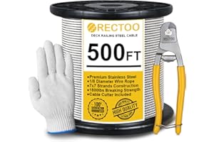 RECTOO 500FT 1/8" T316 Stainless Steel Cable with Cutter, 7x7 Strands Aircraft Wire Rope for Deck Railing, Stair Handrail, Porch Fence, High Strength for Indoor and Outdoor Use
