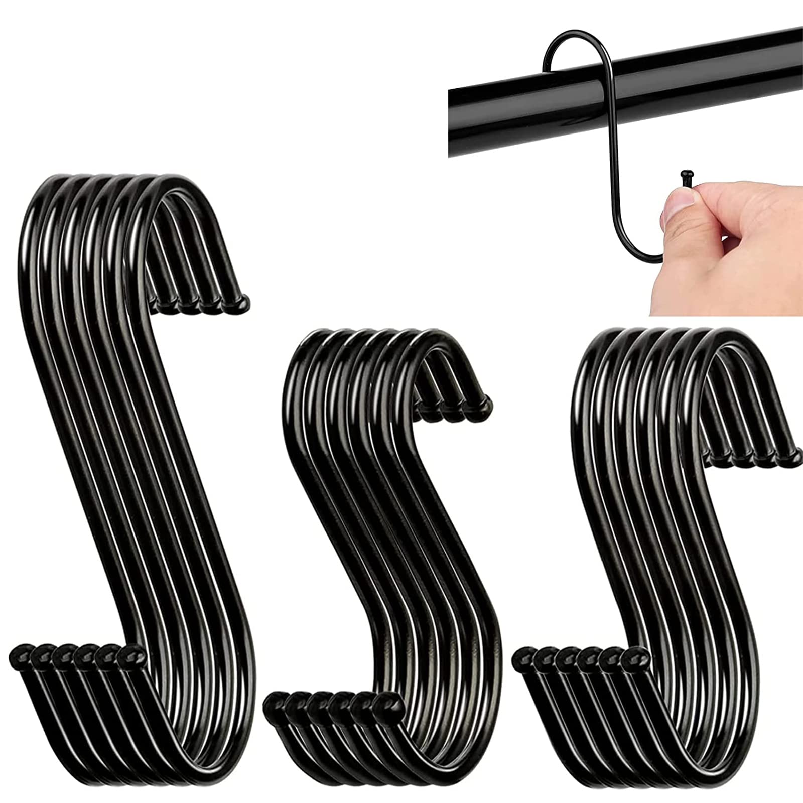 GOTRUST Black S-Hooks - 18pcs Stainless Steel S-Shaped Hangers, Metal Butchers Hooks for Kitchen, Bathroom, Bedroom & Office (3 Sizes)