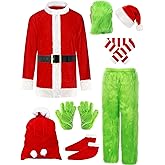 Fanskaty Christmas Green Big Monster Costume for Men, 11PCS Deluxe Furry Santa Claus Costume Suit with Mask