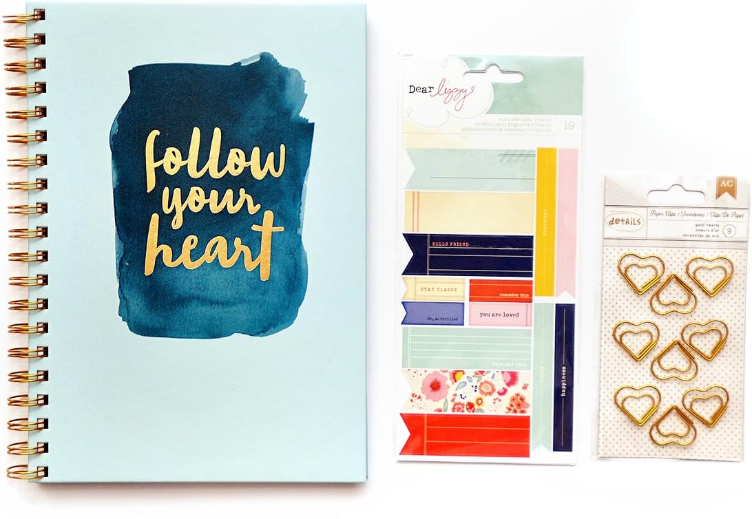 American Crafts Spiral Journal Notebook Hardcover Lined, 7x10 inch Bundle with Journaling Supplies for Gift, Personal Productivity, Diary, Notebook and Planner Accessories (Follow Your Heart Blue)