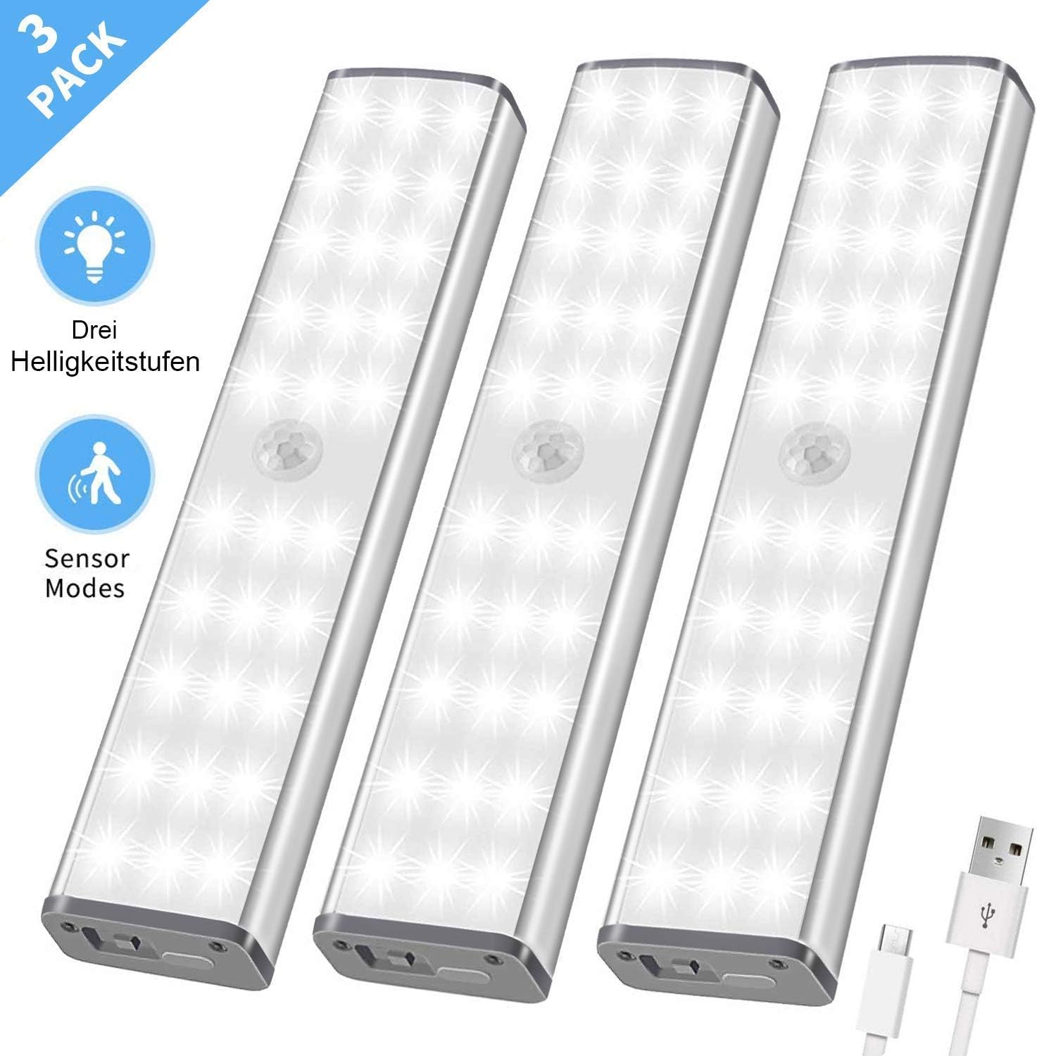 LED Closet Light Motion Activated - 30 LED Under Cabinet Lights Rechargeable with Remote Control,Stick-on Anywhere Wireless Motion Sensor Lights for Hallway Cabinet Stairway Wardrobe Kitchen (3PACK)