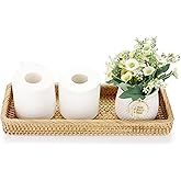 Sumnacon 16 Inch Rattan Bathroom Vanity Tray - Decorative Wicker Toilet Tank Tray for Paper Hand Towel, Vintage Storage Basket Bin for Bathroom Kitchen Toilet Tank Vanity Countertop Table Shelf