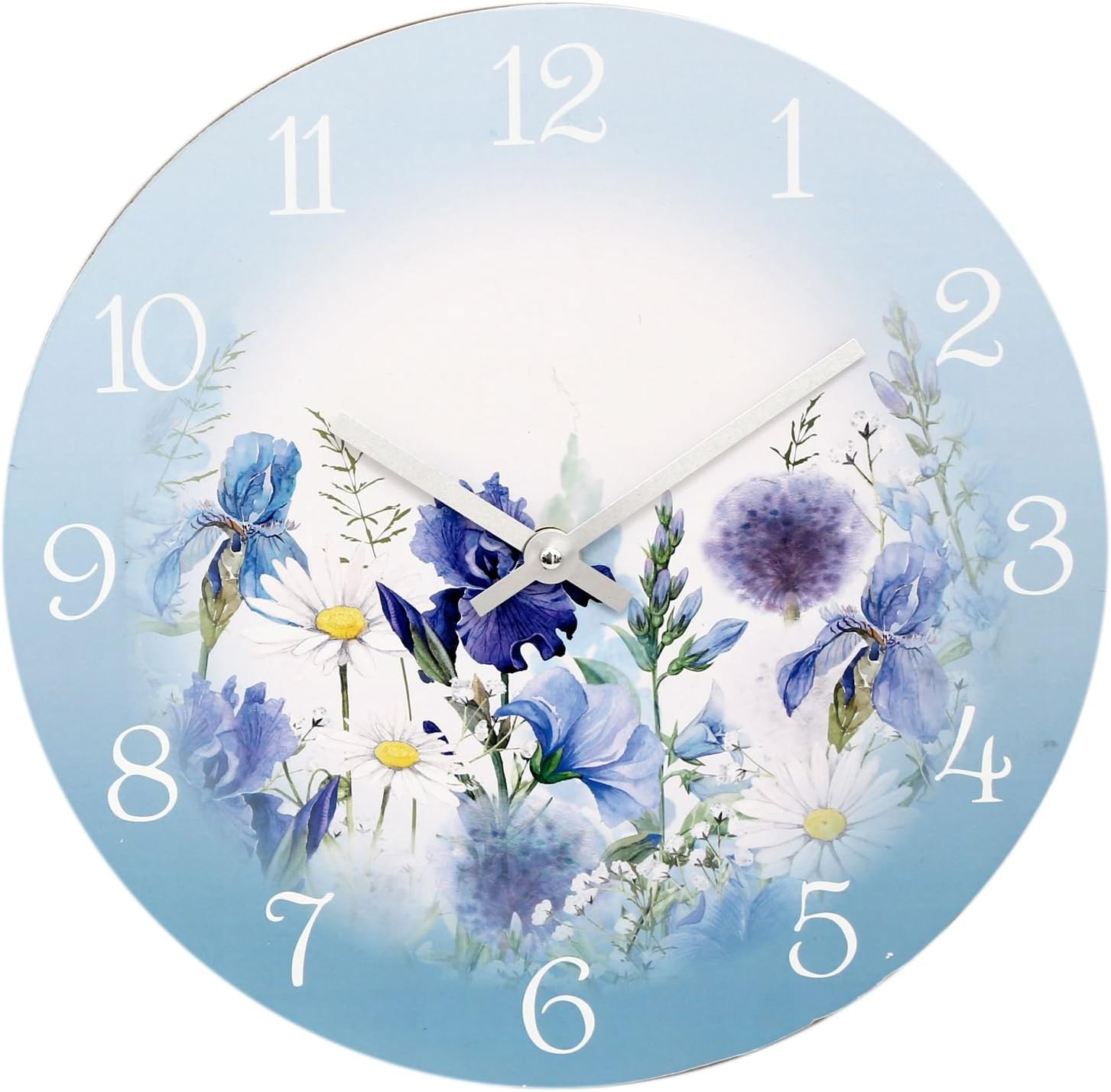 30cm Meadow Floral Round Decorative Wall Clock Blue Flower and White