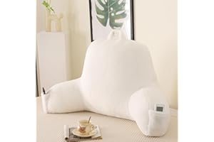 PAJEO Reading Pillow for Sitting in Bed, Large Backrest Reading Pillow with Arm Rest,Back-Rest Support Cushion for Sit Up on Couch, Sofa, and Floor, Dorm Essentials (White Faux Fur, Standard(17"))