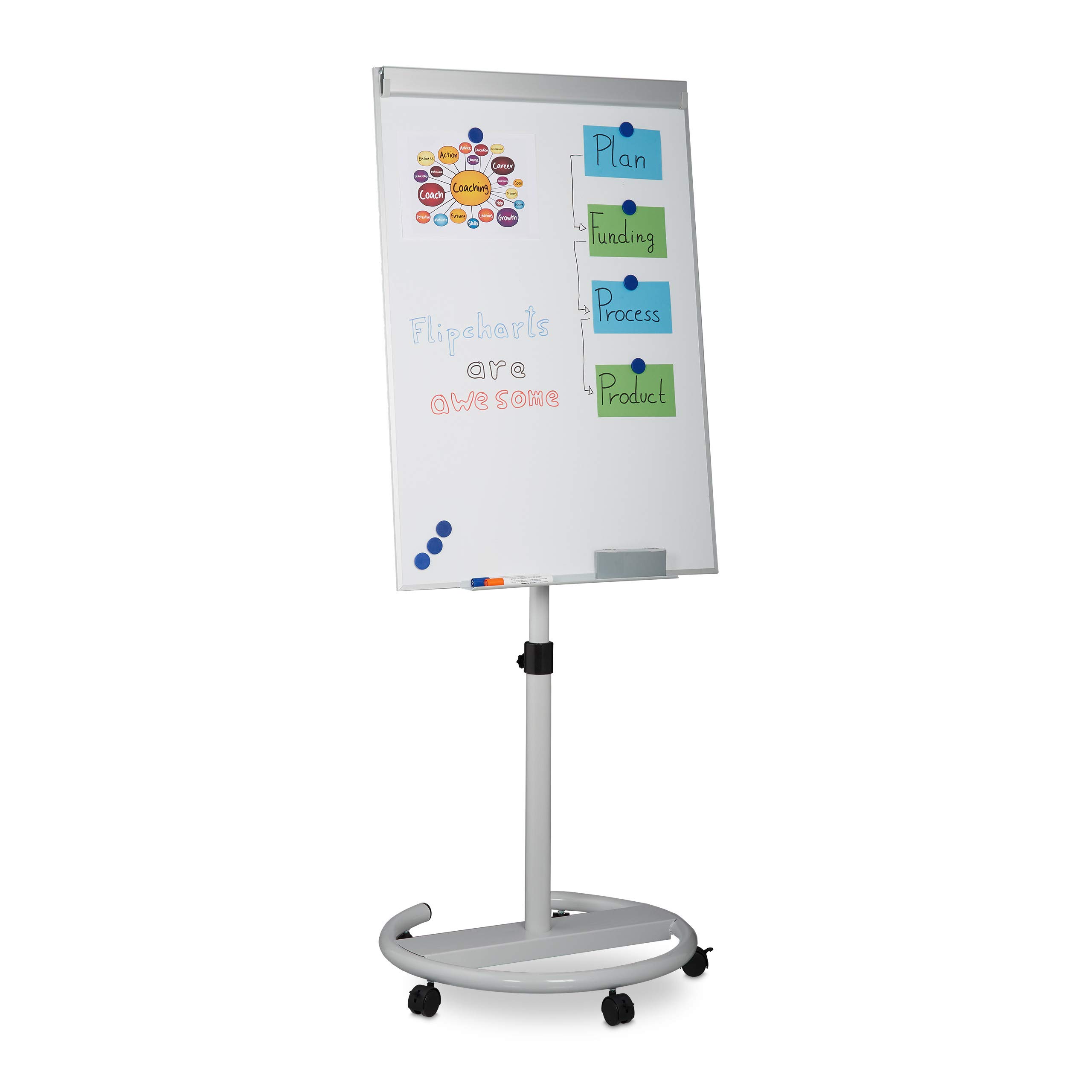 Relaxdays Flipchart, Mobile, with Castors, Magnetic, Height-adjustable, Pen Tray, Whiteboard H x W: 100 x 70 cm, White