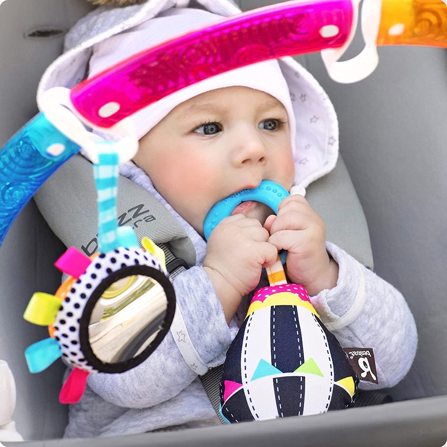 BENBAT Baby Stroller Arch Toy Rainbow Dazzle Friends Play Bar. Fun Newborns Sensory Activity, Adjustable for Bouncers and Car Seat.